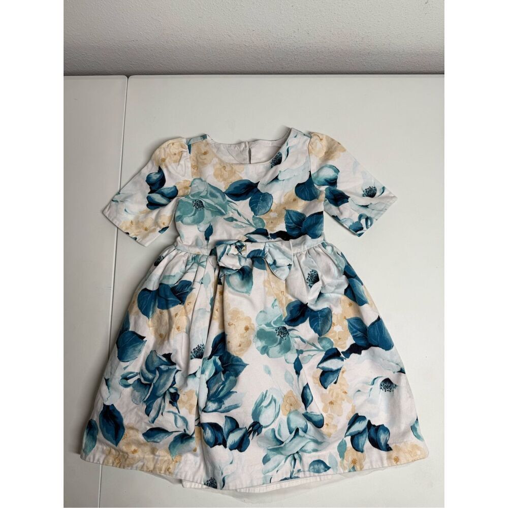 Janie and Jack Palace Blooms Dress Cotton White Blue Size 4